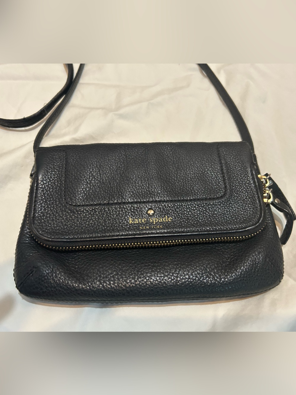 kate spade Black Pebbled Leather Flap Crossbody with Gold Hardware